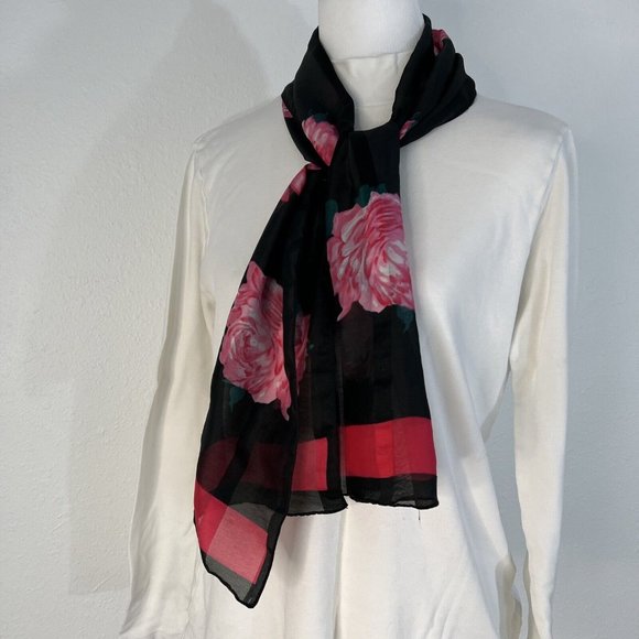 Sheer Scarf Black Pink 50" x 10.5"  Floral Roses - Picture 2 of 8